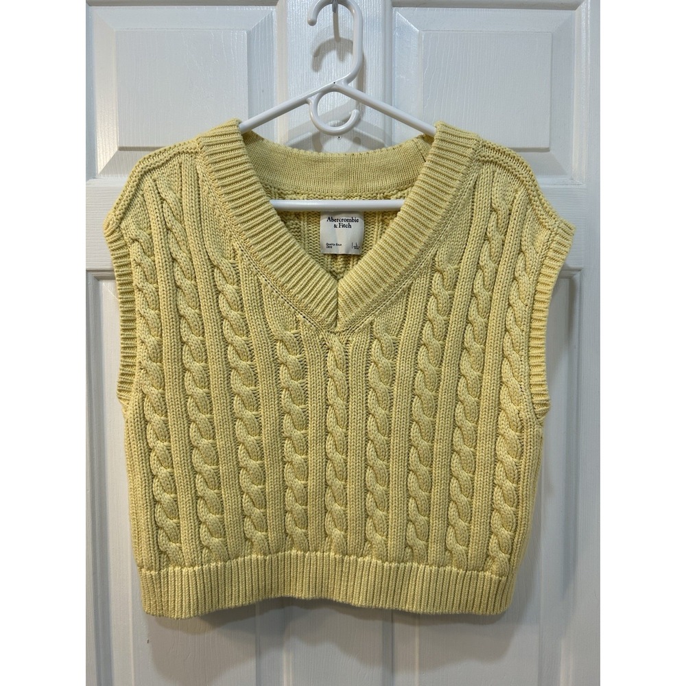 Abercrombie & Fitch Butter Yellow Cable Knit Sweater Vest Sz L Fisherman Boho